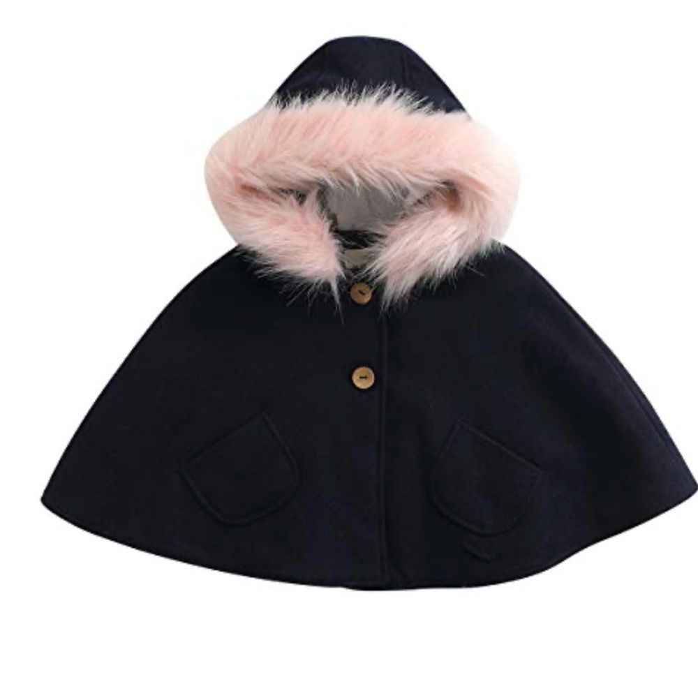 Marc and Janie Kids Navy Blue Hooded Cape with Pink Fur Trim 4 4T